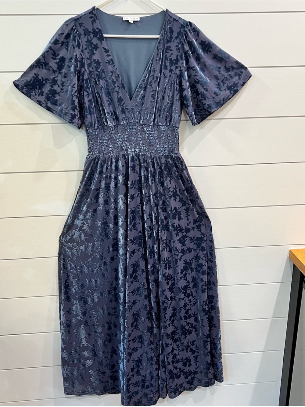 V-Neck Smocked Waist Midi Dress in Slate Blue